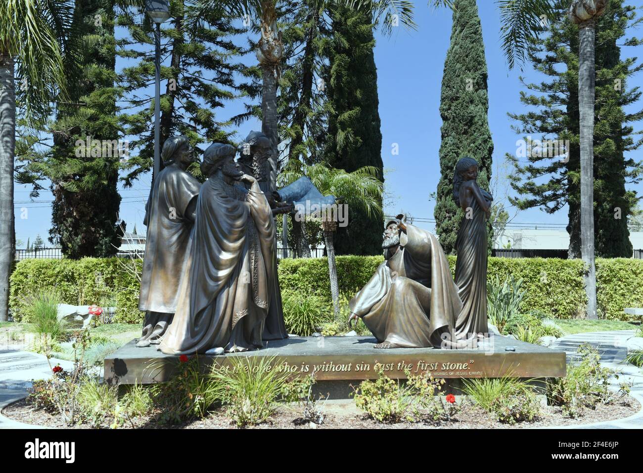 GARDEN GROVE, CALIFORNIA - 20 MAR 2021: Who Will Cast the First Stone sculpture at the Crystal Cathedral. Stock Photo