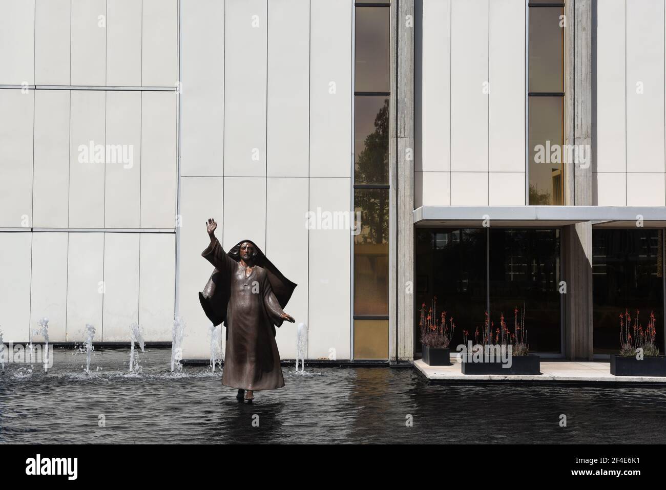 GARDEN GROVE, CALIFORNIA - 20 MAR 2021: Statue of Jesus Walking on Water at the Tower of Hope at the Crystal Cathedral. Stock Photo