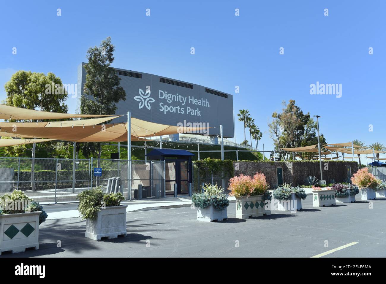 CARSON, CALIFORNIA - 20 MAR 2021: Sign at Dignity Health Sports Park, on the campus of Cal State Dominguez Hills, home to the LA Galaxy of Major Leagu Stock Photo