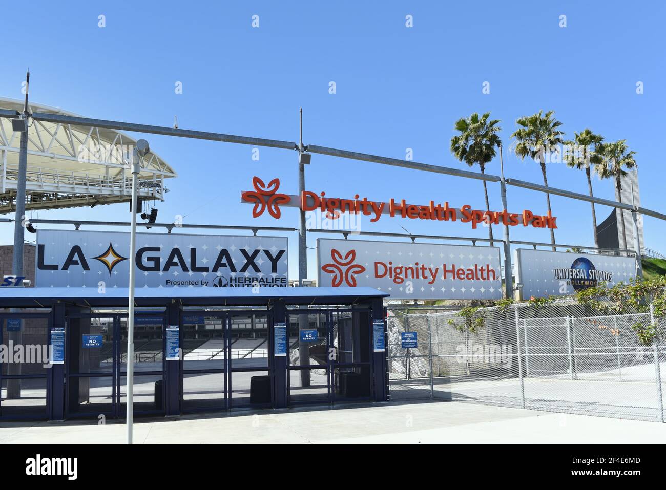 CARSON, CALIFORNIA - 20 MAR 2021: Main Gate at Dignity Health Sports Park, on the campus of Cal State Dominguez Hills,  home to the LA Galaxy of Major Stock Photo