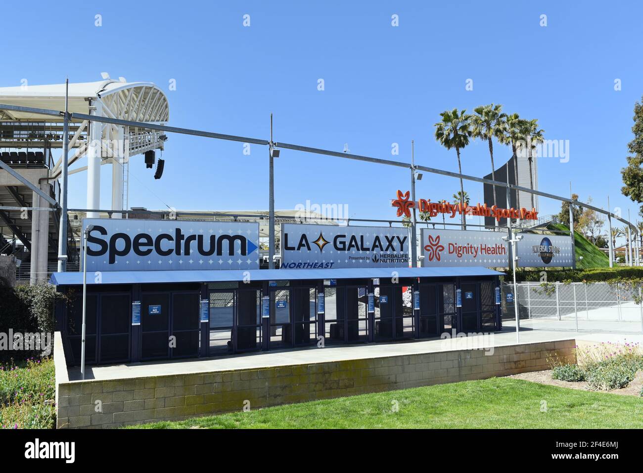 CARSON, CALIFORNIA - 20 MAR 2021: Main Gate at Dignity Health Sports Park, on the campus of Cal State Dominguez Hills,  home to the LA Galaxy of Major Stock Photo