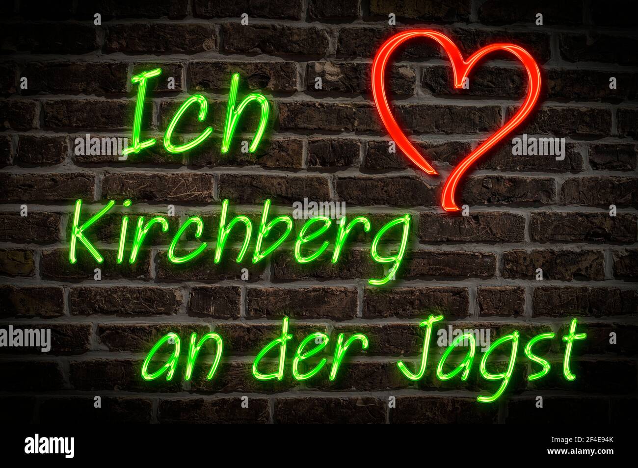 Leuchtreklame, Ich liebe Kirchberg an der Jagst, Baden-Württemberg, Deutschland, Europa | Illuminated advertising, I love Kirchberg an der Jagst, Bade Stock Photo