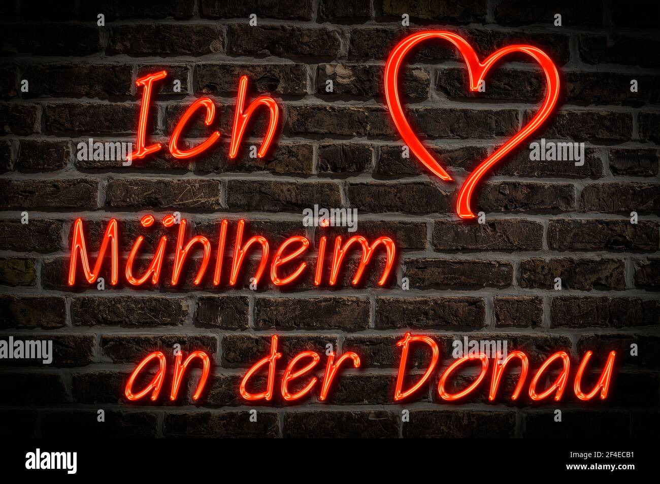 Leuchtreklame, Ich liebe Mühlheim an der Donau, Baden-Württemberg, Deutschland, Europa | Illuminated advertising, I love Mühlheim an der Donau, Baden- Stock Photo