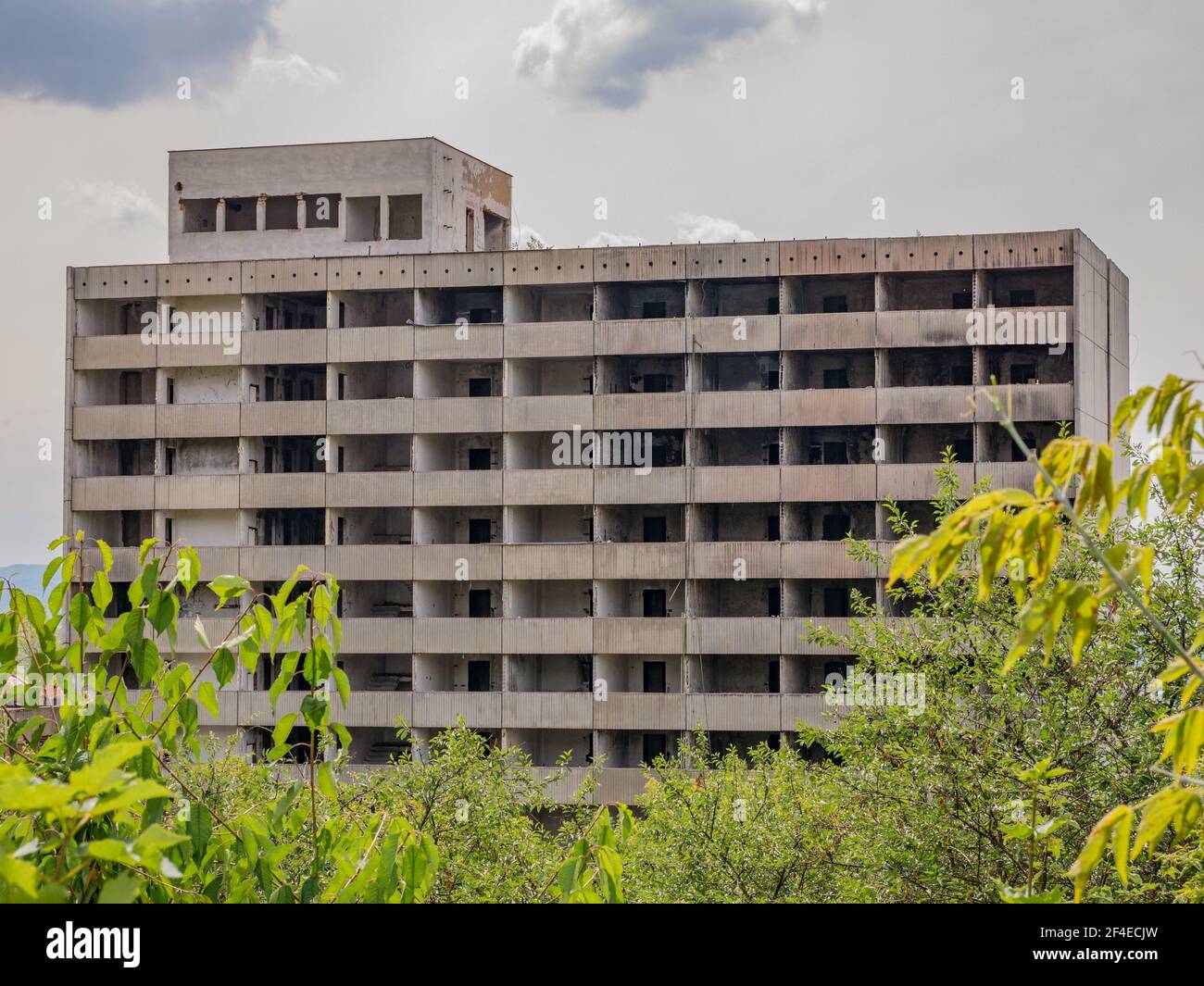 An old abandoned hotel building, known as the largest squat in the Czech Republic (Hotel Máj). Stock Photo