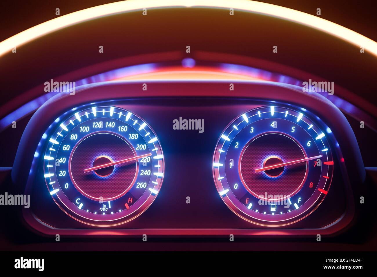 3D illustration of the close up Instrument automobile panel with odometer,  speedometer, tachometer under pink neon lights Stock Photo - Alamy