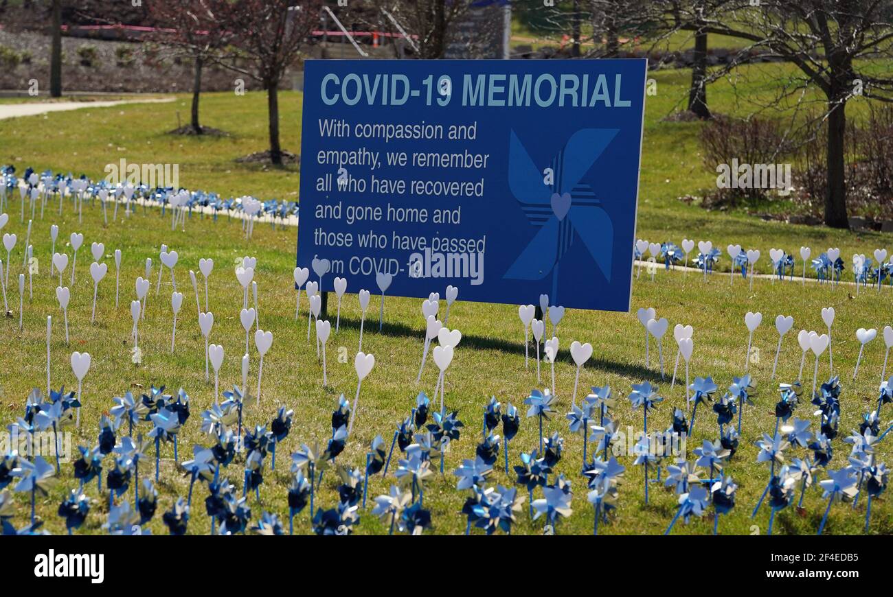 Creve Coeur, United States. 20th Mar, 2021. A memorial for those that have had the COVID-19 disease is on display at Missouri Baptist Hospital in Creve Coeur, Missouri on Saturday, March 20, 2021. The hospital received confirmation on March 19, 2020, of it's first confirmed patient with COVID-19. One year later Missouri Baptist honors the 1,550 patients who recovered from the virus with purple pinwheels, while the 270 that died from the COVID-19 virus are honored with white hearts. Photo by Bill Greenblatt/UPI Credit: UPI/Alamy Live News Stock Photo