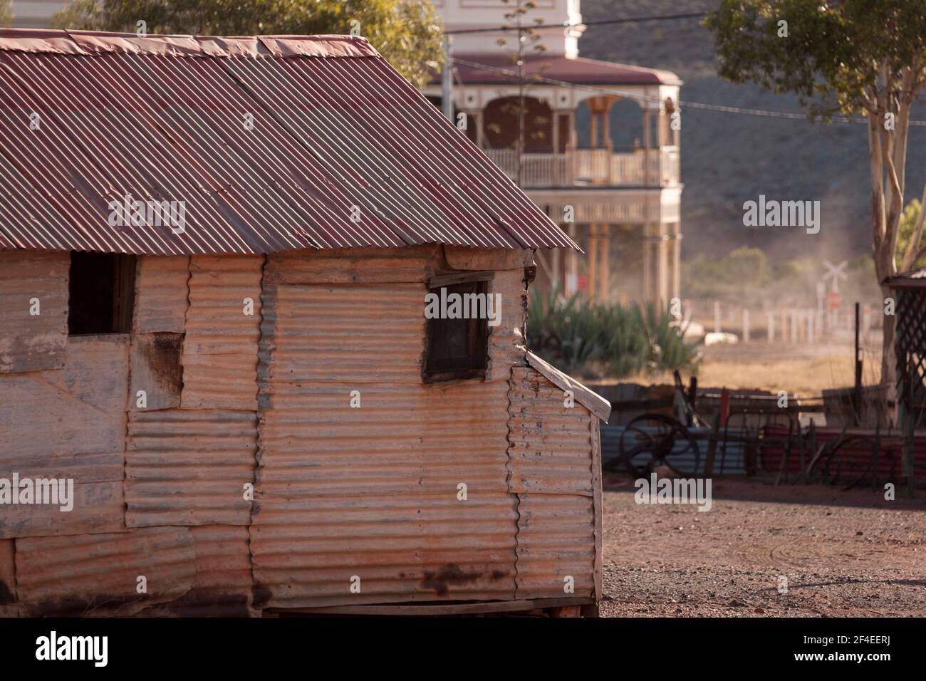 Corrugated iron houses of  the historical gold mining town, Gwalia, Leonora Western Australia Stock Photo