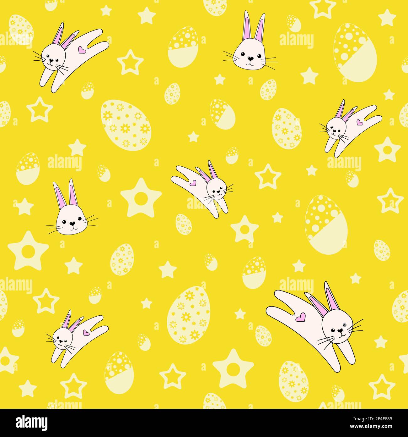 A cute seamless pattern with rabbits, flowers and easter eggs. Easter spring design with bunnies. Vector illustration Stock Vector