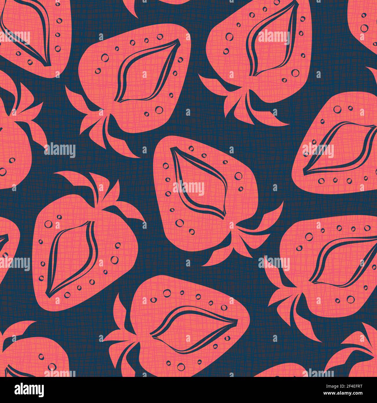 Linocut print strawberries linen vector seamless pattern background.Soft fruit motifs blended onto Hessian fiber texture.Red navy blue backdrop.Woven Stock Vector