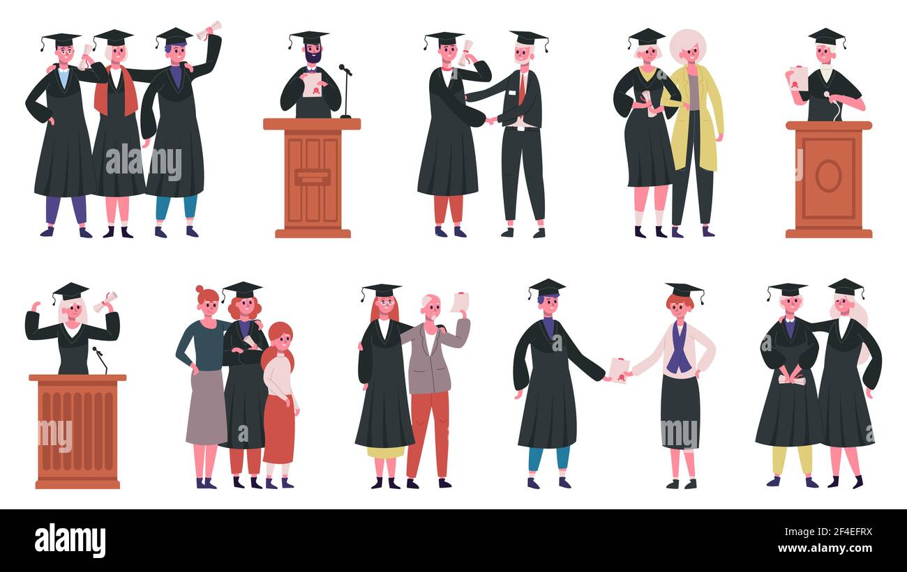 Happy graduate students. College graduates at diploma certificate ceremony, on tribune, celebrating with friends and families vector illustration set. Stock Vector