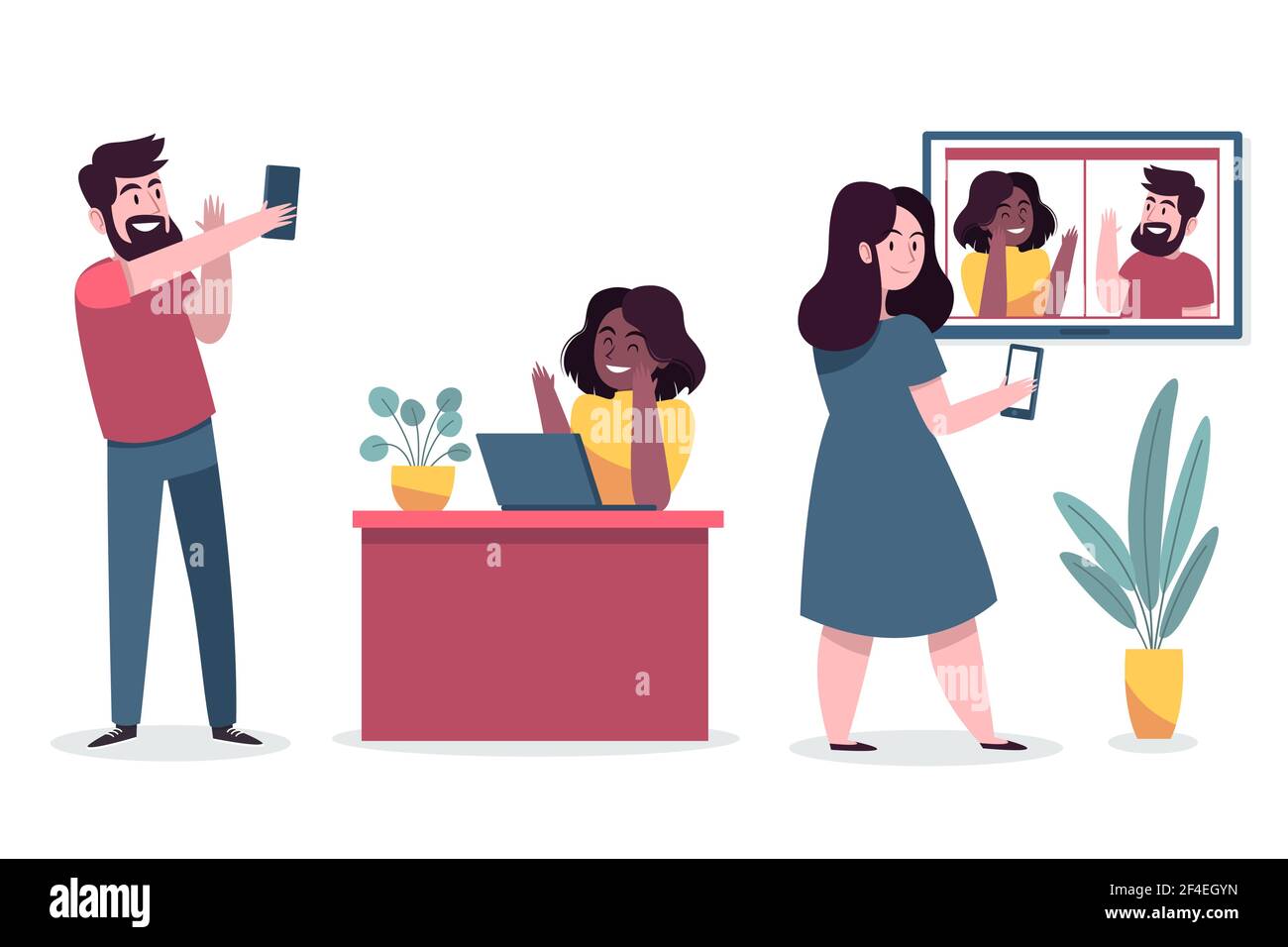 Hand drawn friends videoconferencing scenes set Vector illustration. Stock Vector