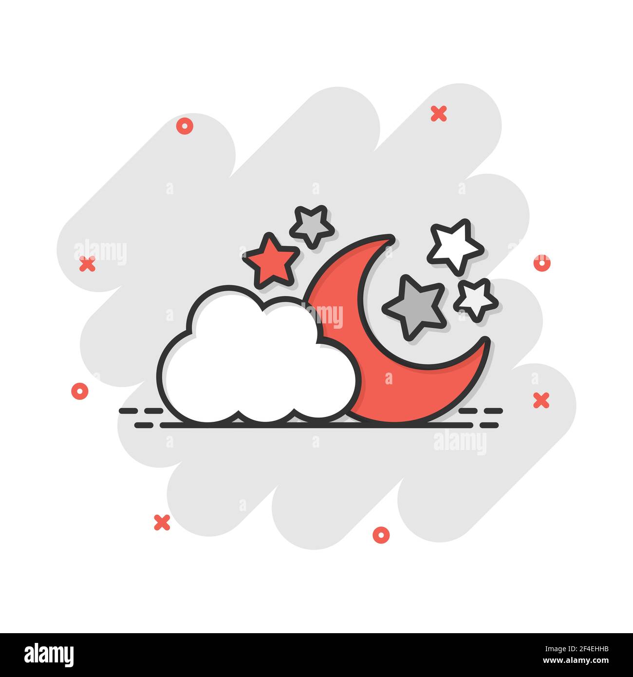 Vector cartoon moon and stars with clods icon in comic style. Nighttime concept illustration pictogram. Cloud, moon business splash effect concept. Stock Vector