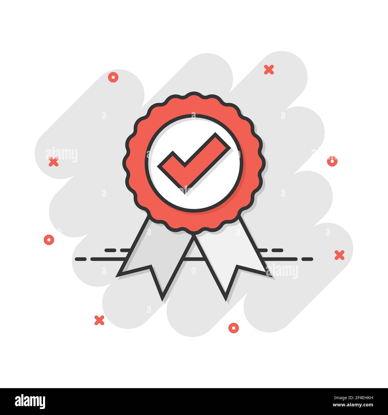 Approved certificate medal icon in comic style. Check mark stamp vector cartoon illustration pictogram. Accepted, award seal business concept splash e Stock Vector