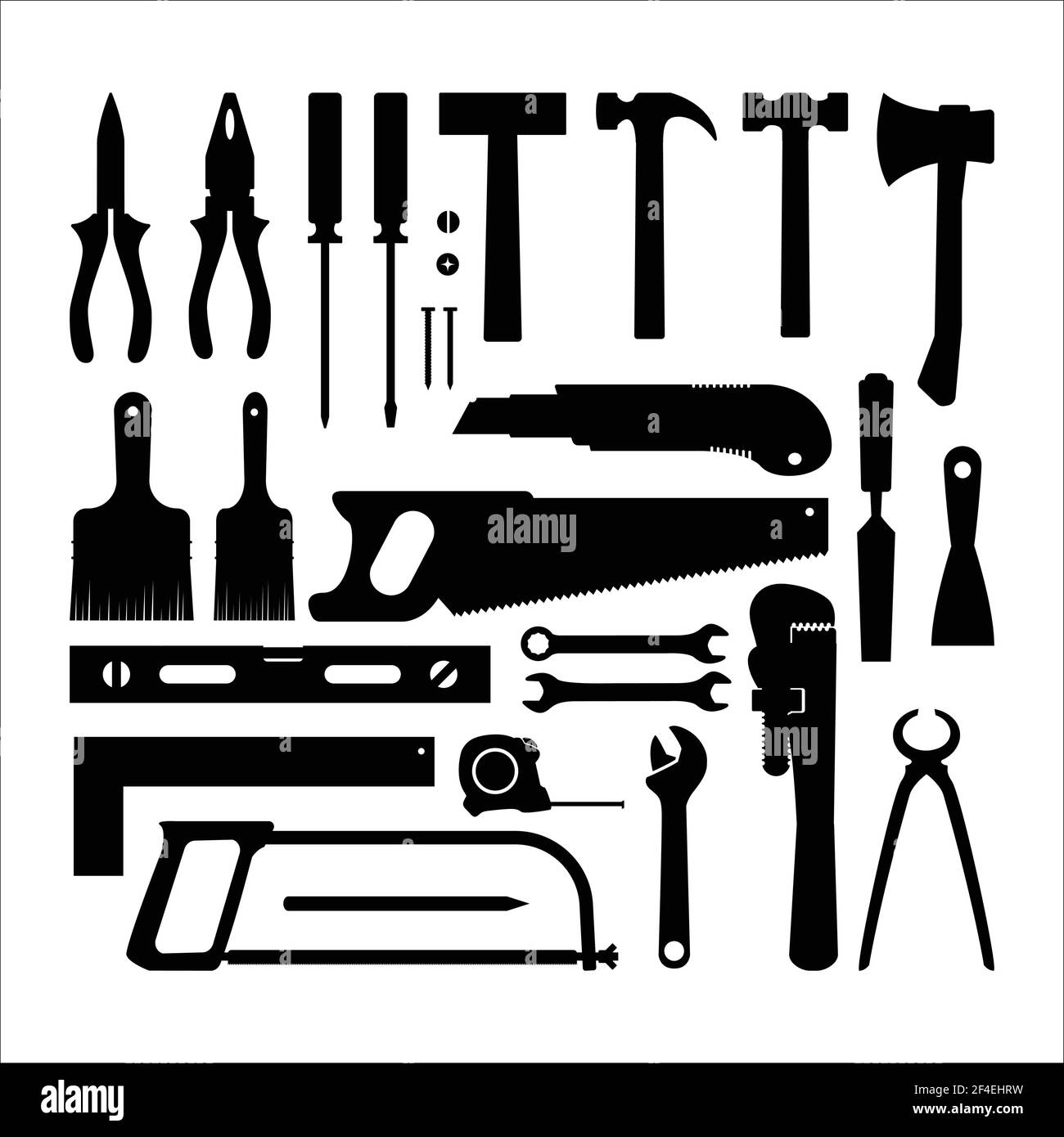 carpentry tools vector silhouettes design concept icon set. collection of the tools carpentry symbol isolated white background Stock Vector