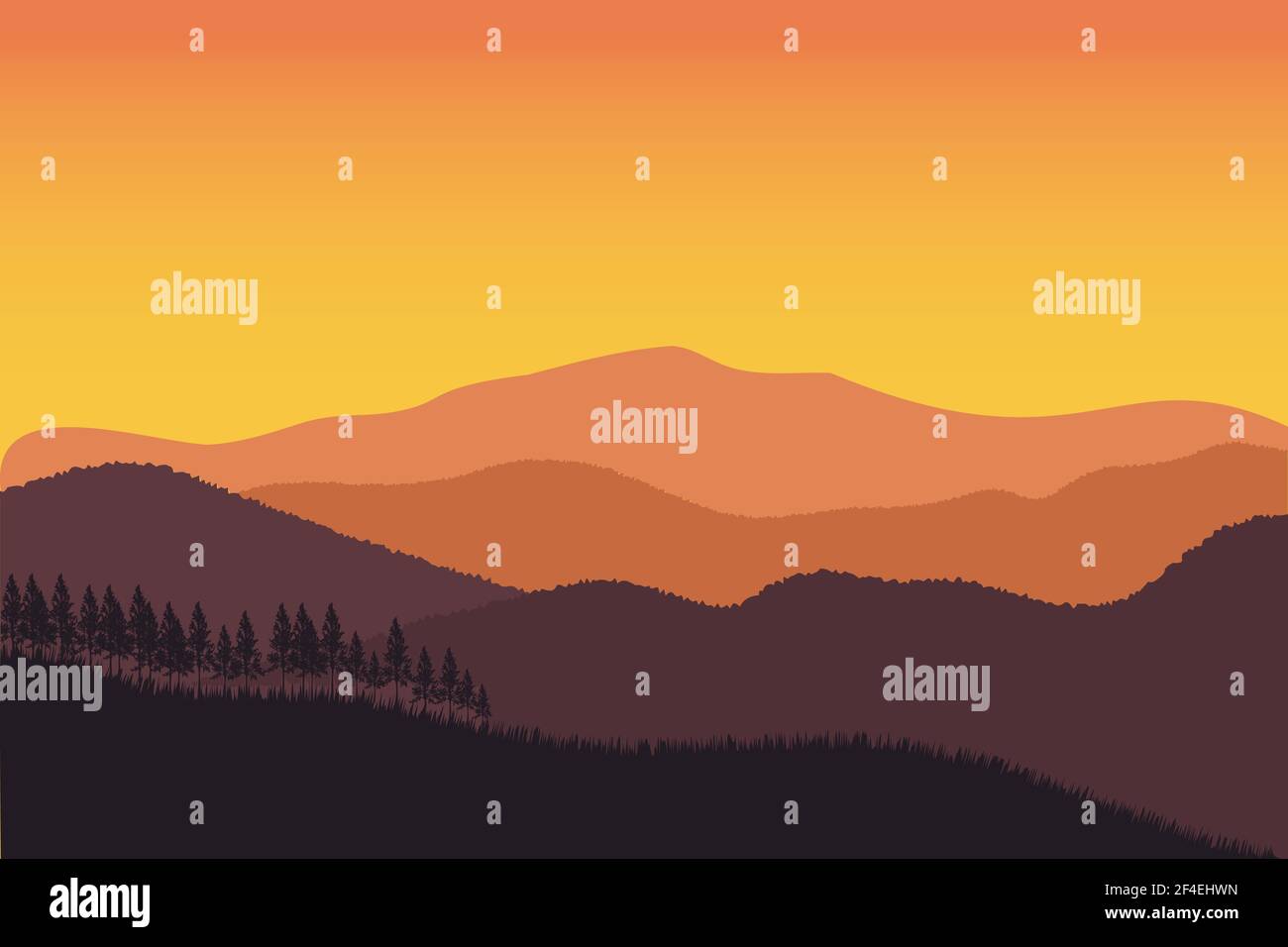 mountain ridge landscape vector illustration with orange gradient color ...