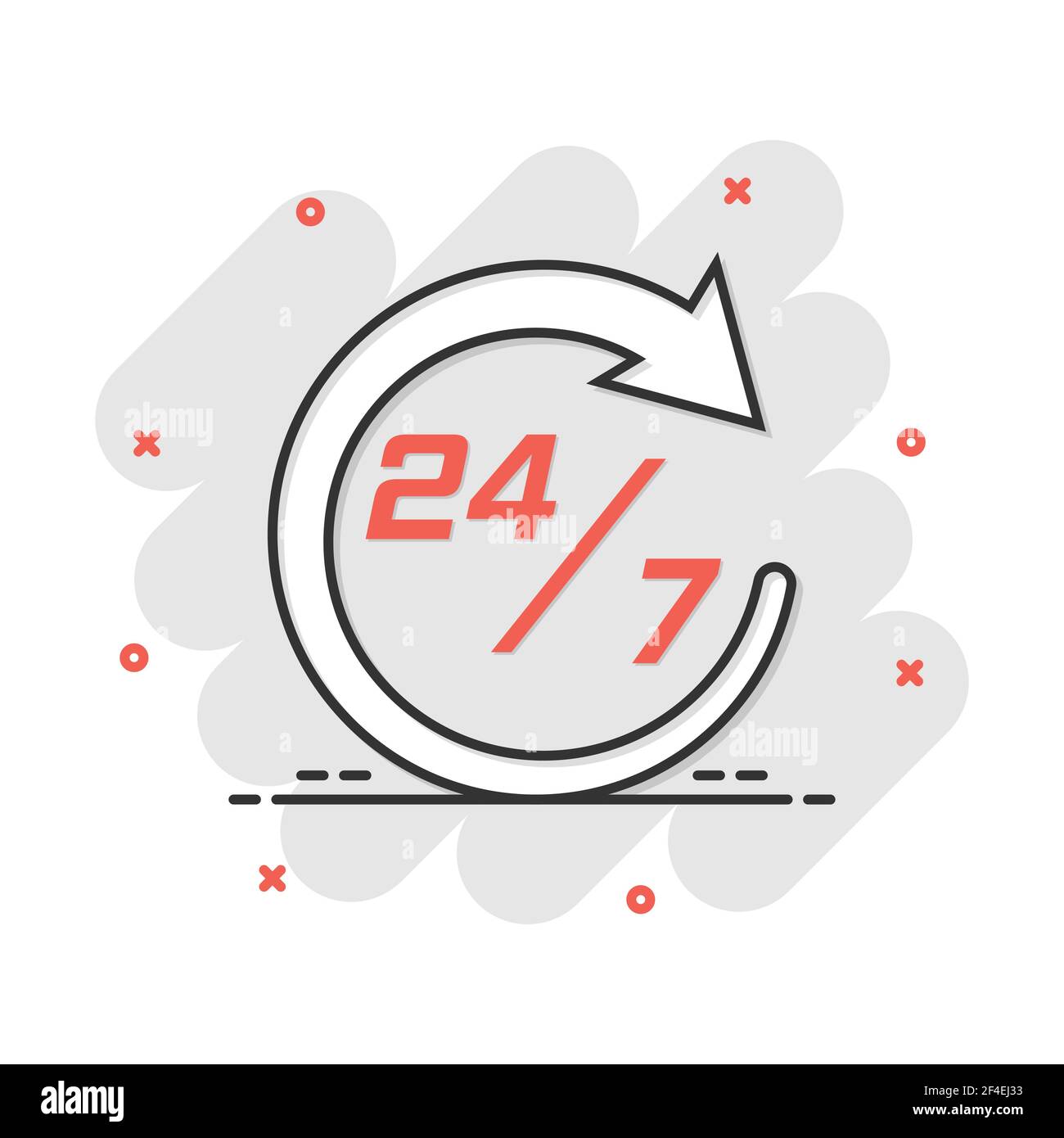 Vector cartoon twenty four hour clock icon in comic style. 24/7 service