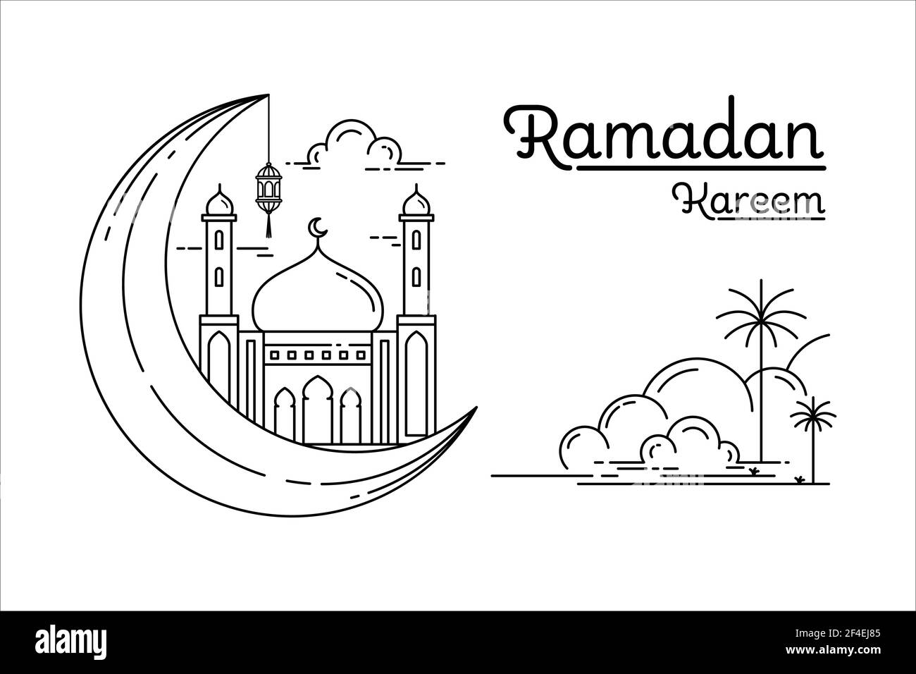 mosque and crescent moon vector design monoline style ramadan concept with lantern decoration Stock Vector