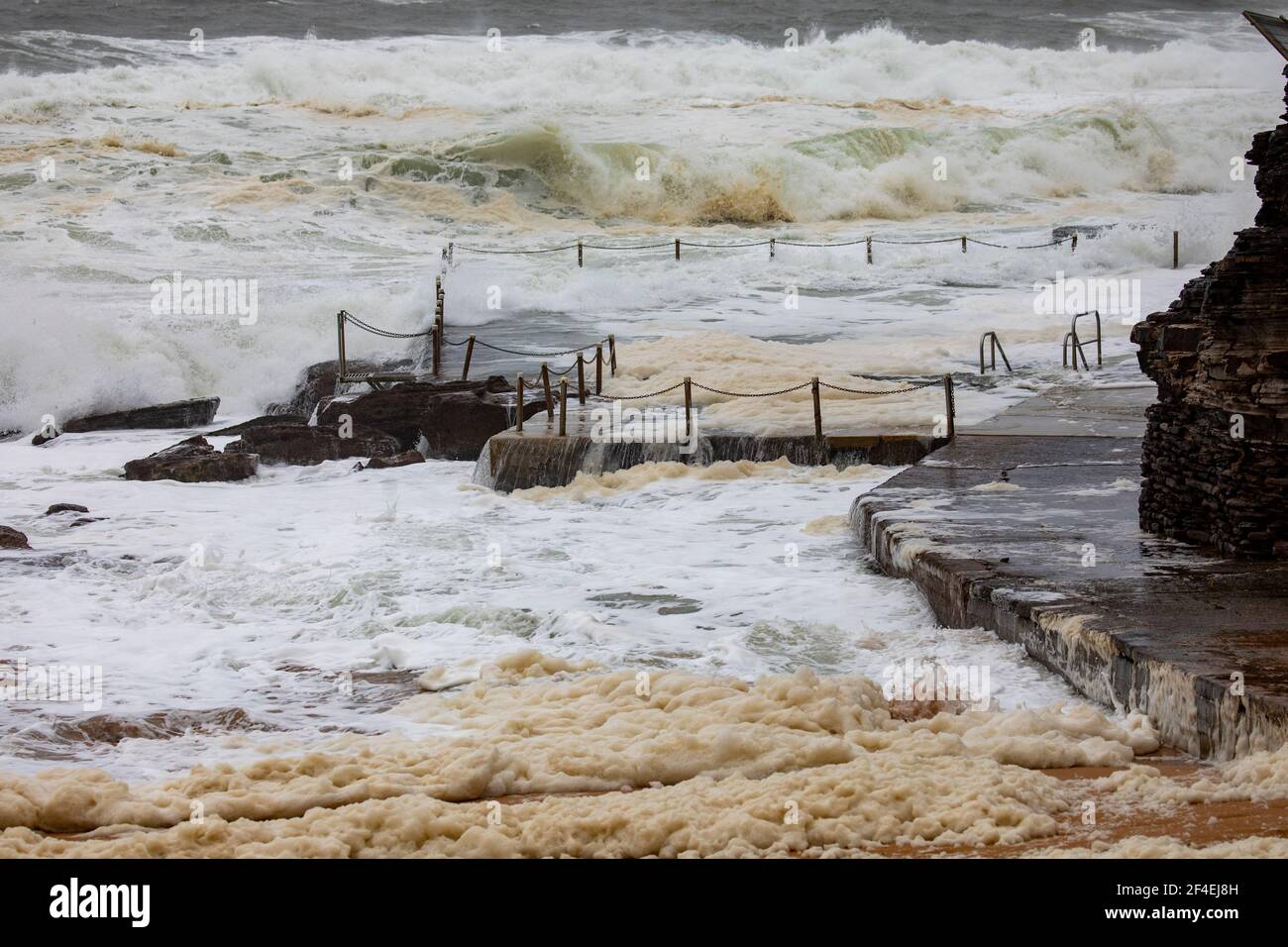 Sydney, wild weather and storms lash the coast at Avalon Beach in Sydney during the March 21 floods in NSW,Australia Stock Photo