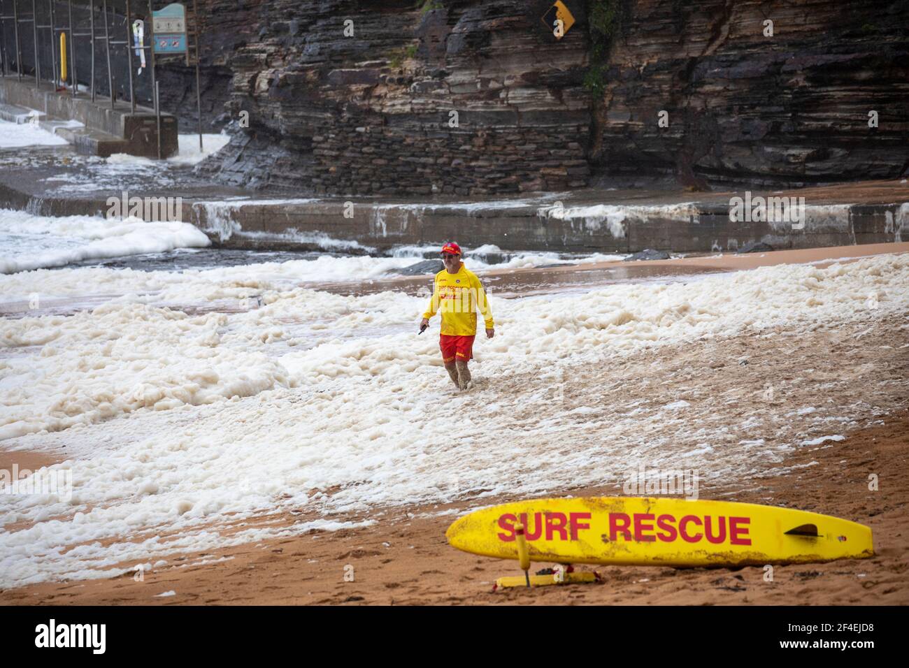 Wild floods in NSW, at Avalon Beach surf rescue volunteer checks the sea foam on the beach,NSW,Australia Stock Photo