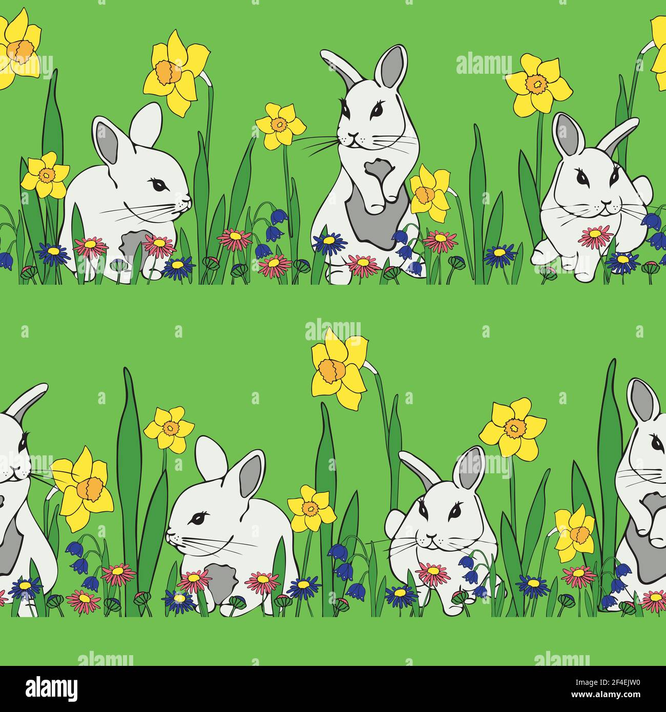 Seamless vector pattern with white bunnies and spring flowers on green ...