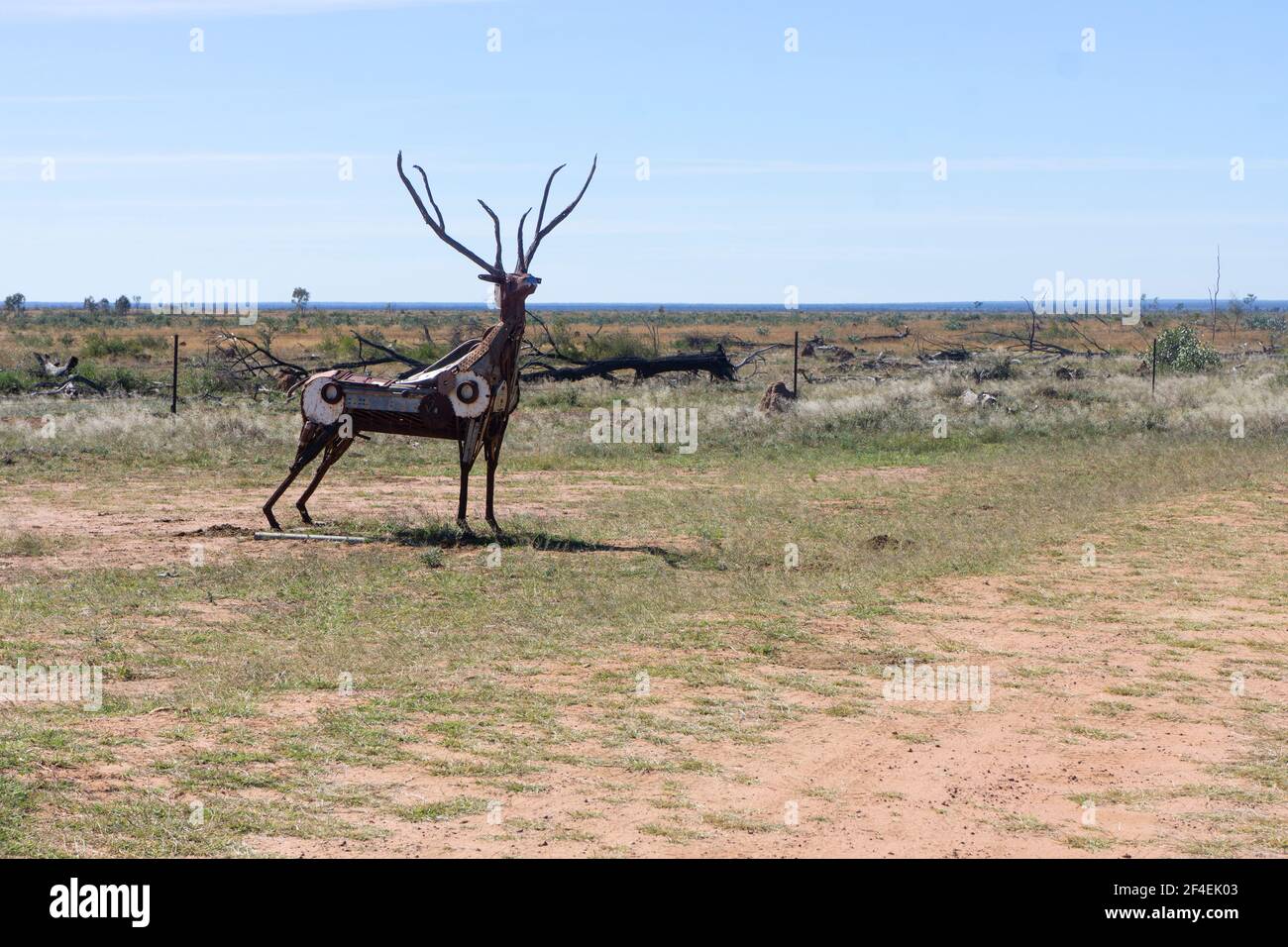 Scrap metal sculpture of a stag near Aramac, outback Queensland, Australia on the Lake Dunn sculpture trail created for tourists. Stock Photo