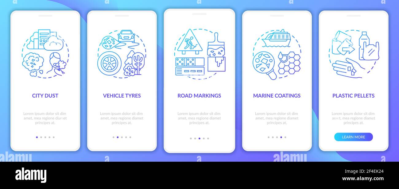 Microplastics sources onboarding mobile app page screen with concepts Stock Vector