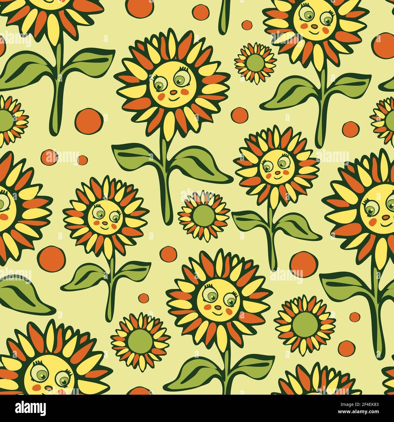 Seamless vector pattern with cartoon sunflowers on light green ...