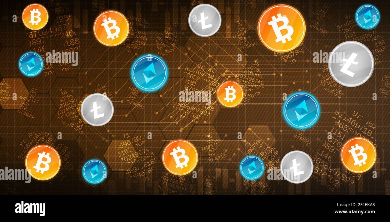 Abstract Golden Cryptocurrency backdrop concept design. Modern bitcoin  wallpaper design with coins raining Stock Photo - Alamy