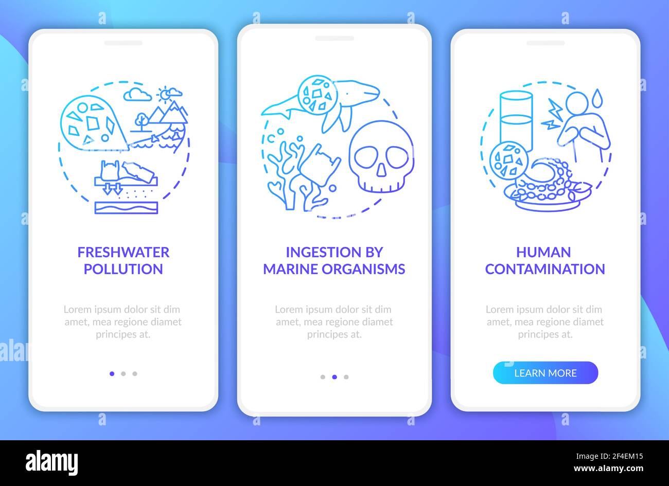 Microplastics effects onboarding mobile app page screen with concepts Stock Vector