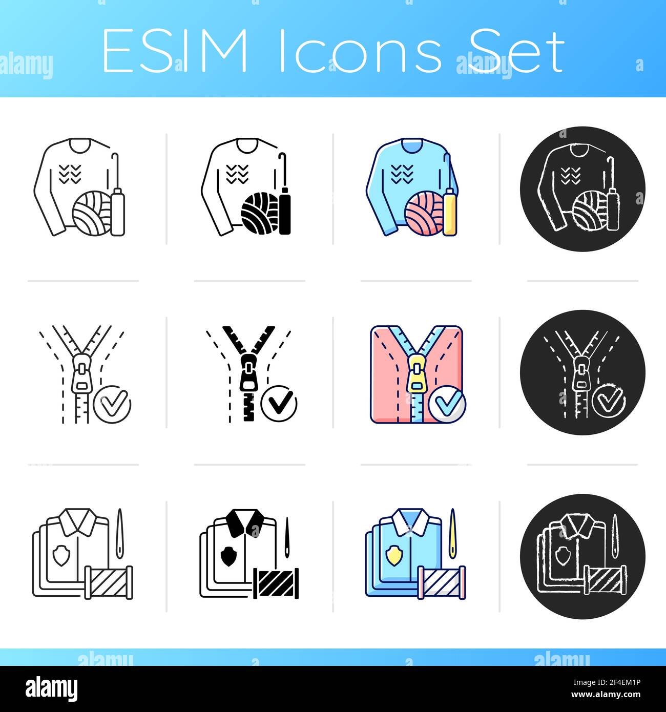 Outfit repair services icons set Stock Vector