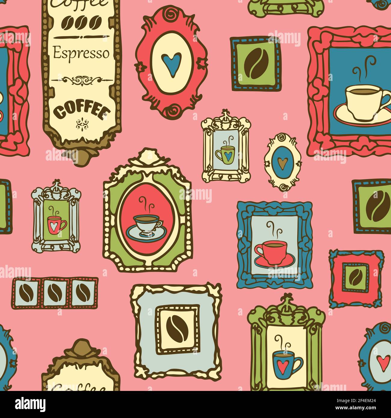 Seamless vector pattern with coffee pictures on pastel pink background. Cafe house wallpaper design with bright colours. Stock Vector