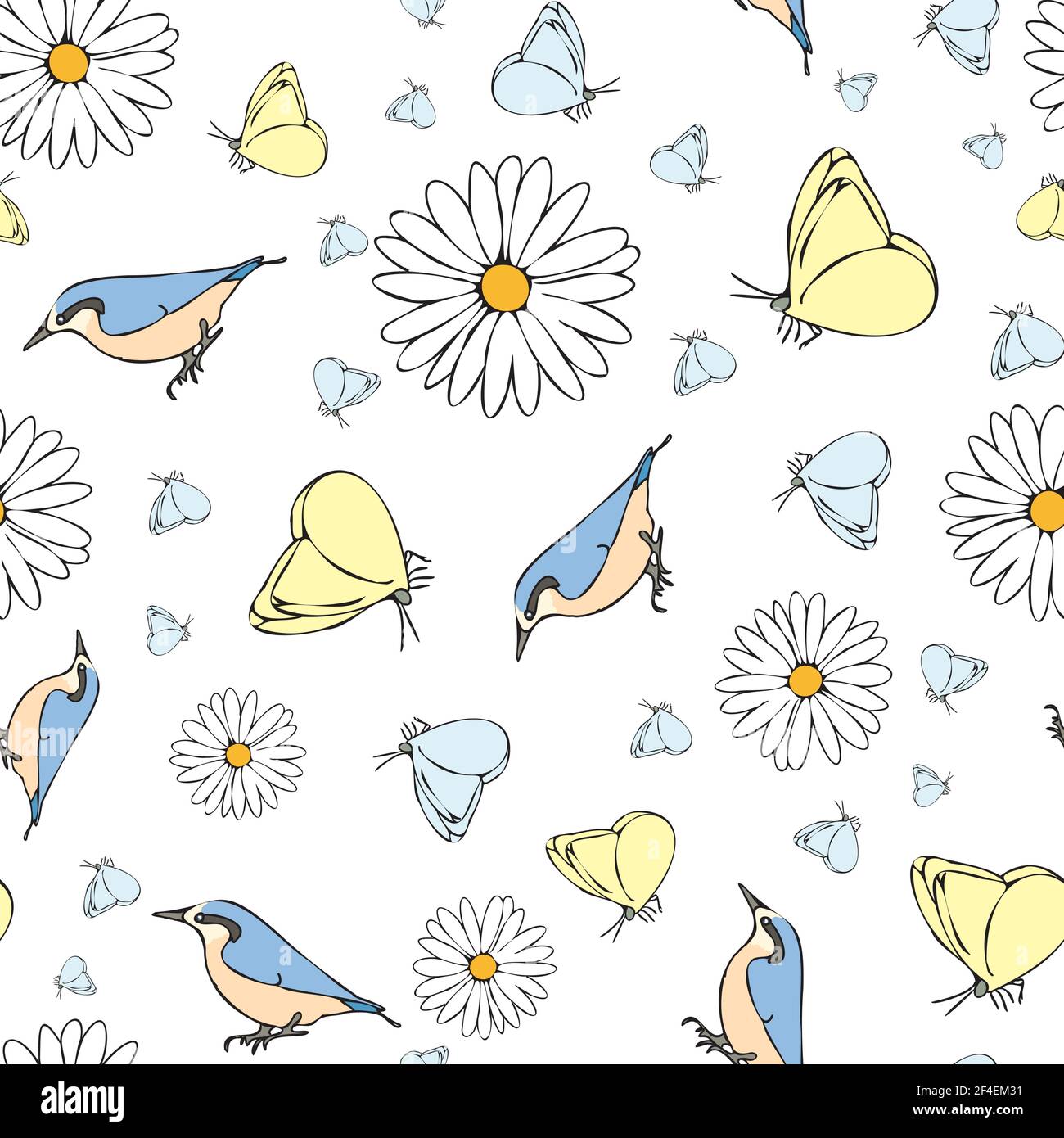 Vector white background daisy flowers birds butterfly seamless pattern ...
