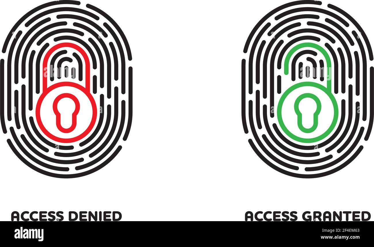 Fingerprint scan access symbols. Digital identification control icons, Closed red  and opened green lock. Cyber security concept Stock Vector