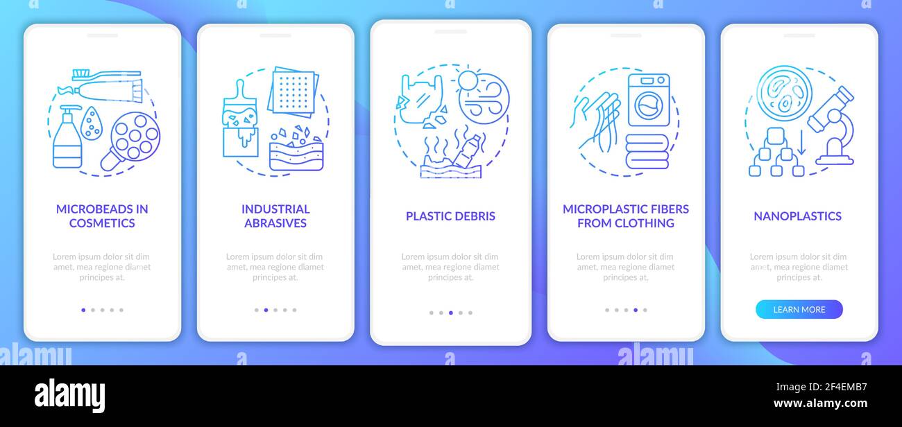 Microplastics sources and types onboarding mobile app page screen with concepts Stock Vector