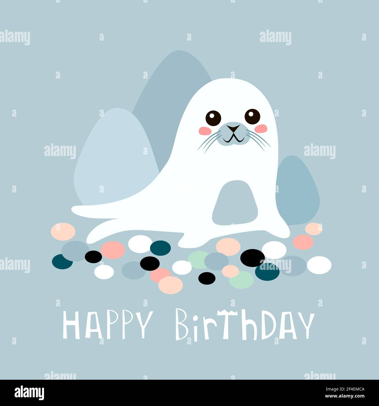 Cute cartoon seal with lettering. Happy Birthday! Childish print for