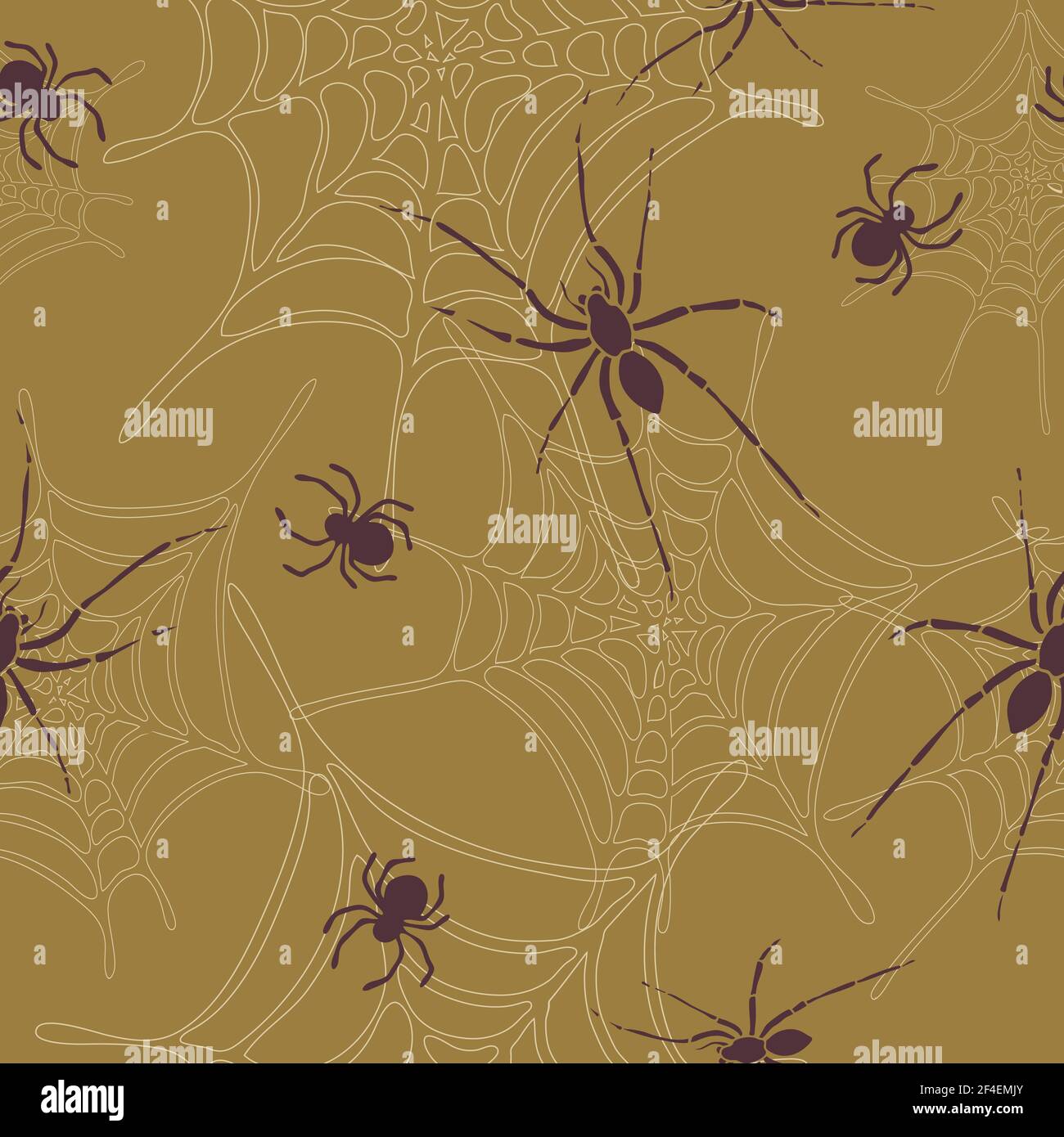 Seamless vector pattern with spiders and spiderwebs on brown beige background. Scary insects wallpaper design. Stock Vector