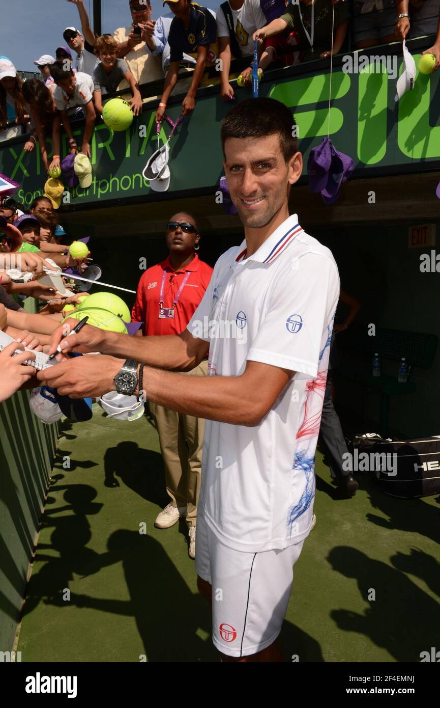 KEY BISCAYNE, FL - APRIL 01: Novak Djokovic of Serbia defeats Andy Murray of Great Britain in the men's singles final on day 14 of the Sony Ericsson Open at Crandon Park Tennis Center on April 1, 2012 in Key Biscayne, Florida. People: Novak Djokovic Stock Photo
