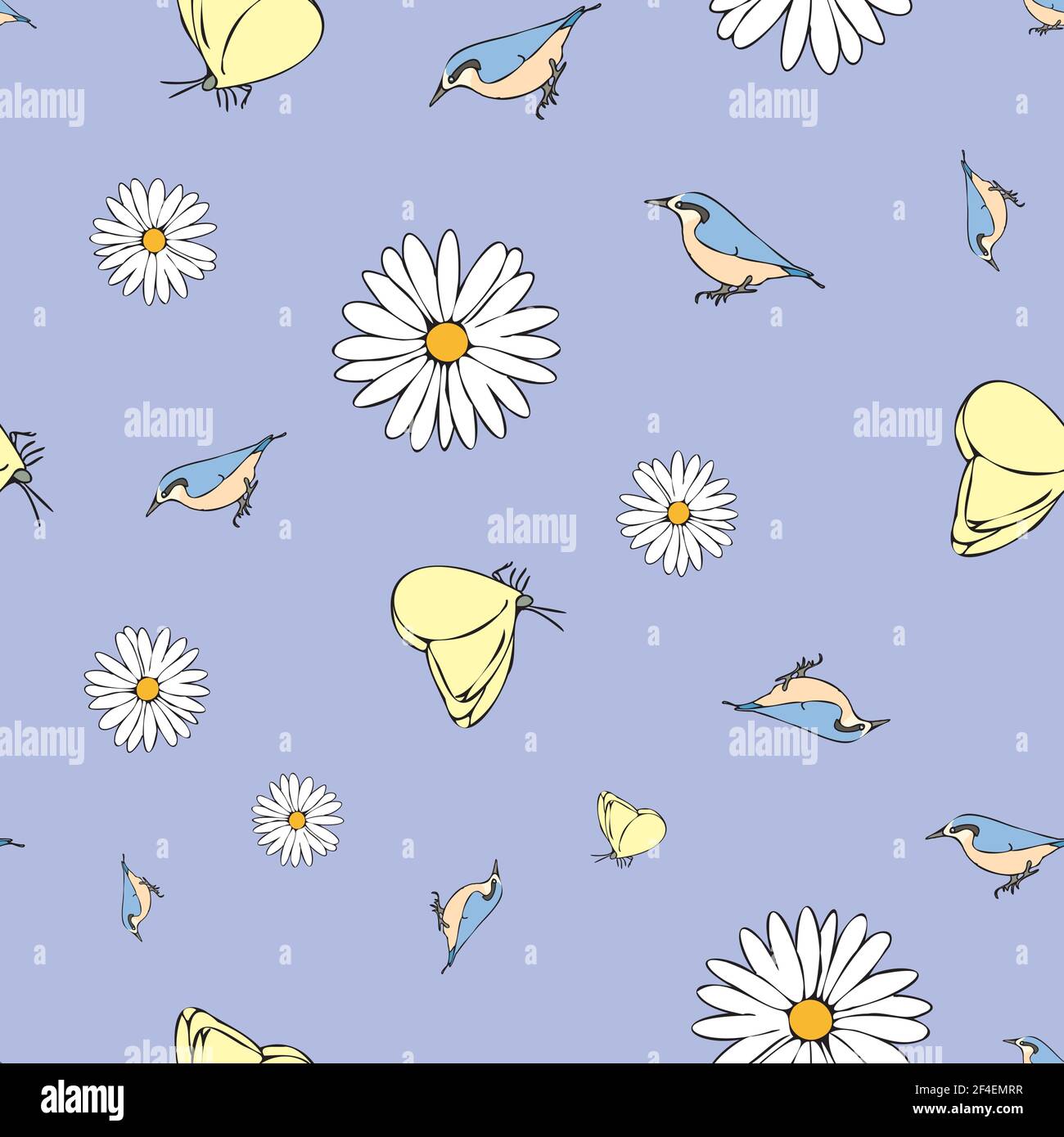 Vector pastel blue background daisy flowers birds butterfly seamless ...