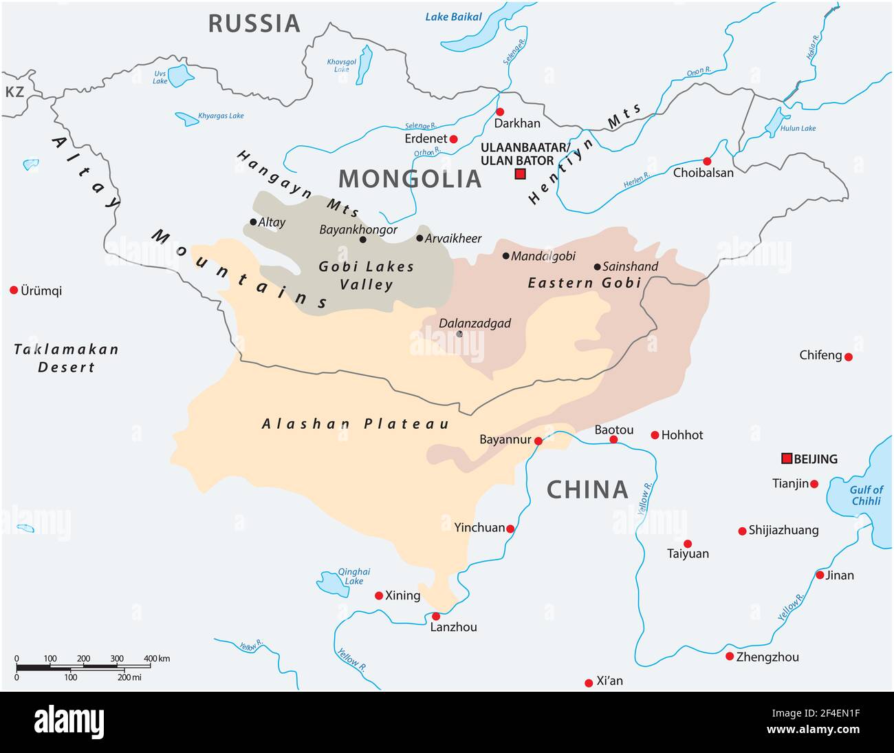 Map of the Central Asian Gobi Desert, Mongolia, China Stock Vector
