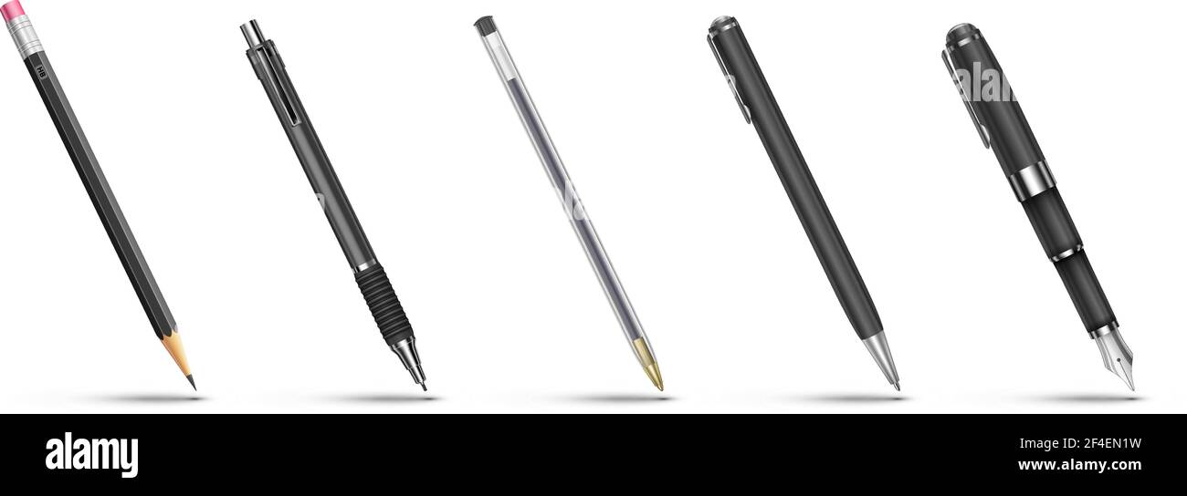 Pen and pencil vector set of black colored pens on white background ...