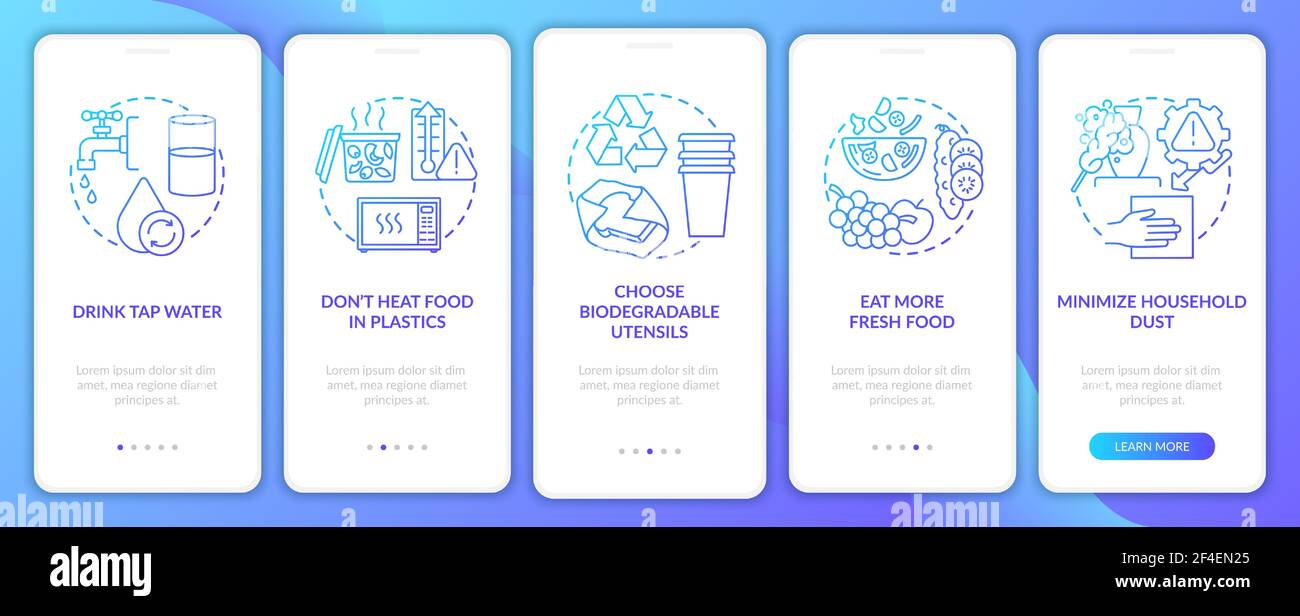 Avoiding microplastics tips onboarding mobile app page screen with concepts Stock Vector