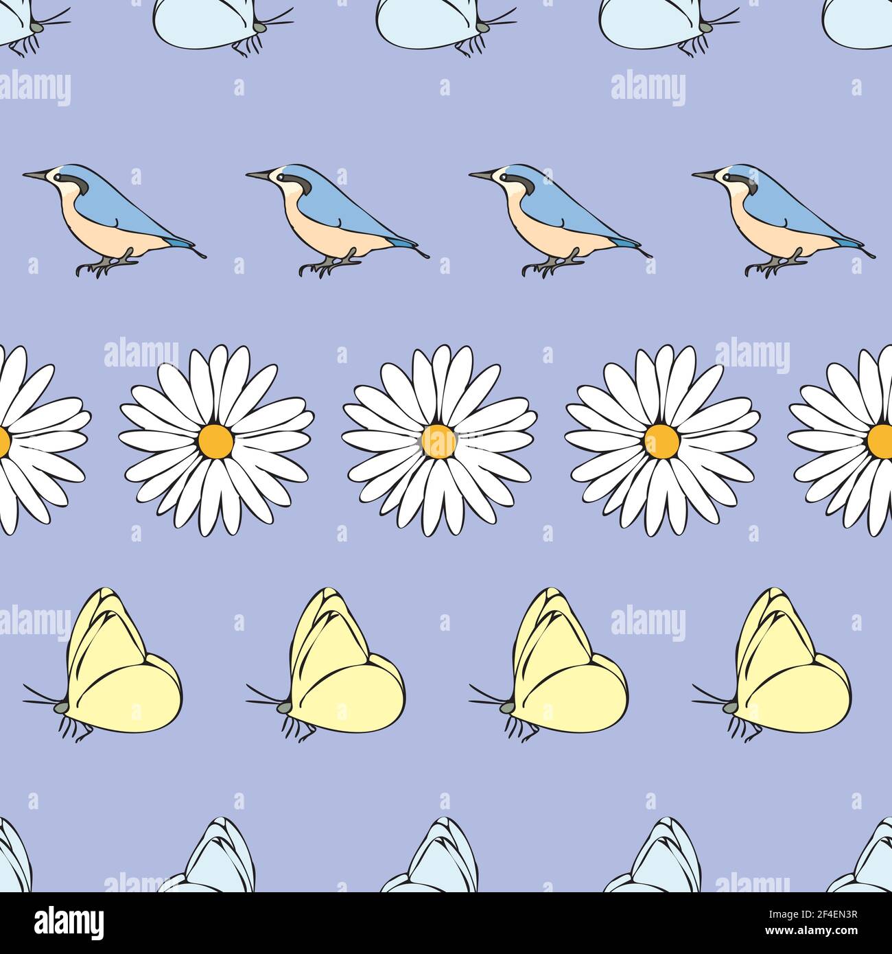 Vector pastel blue background daisy flowers, birds butterfly seamless ...