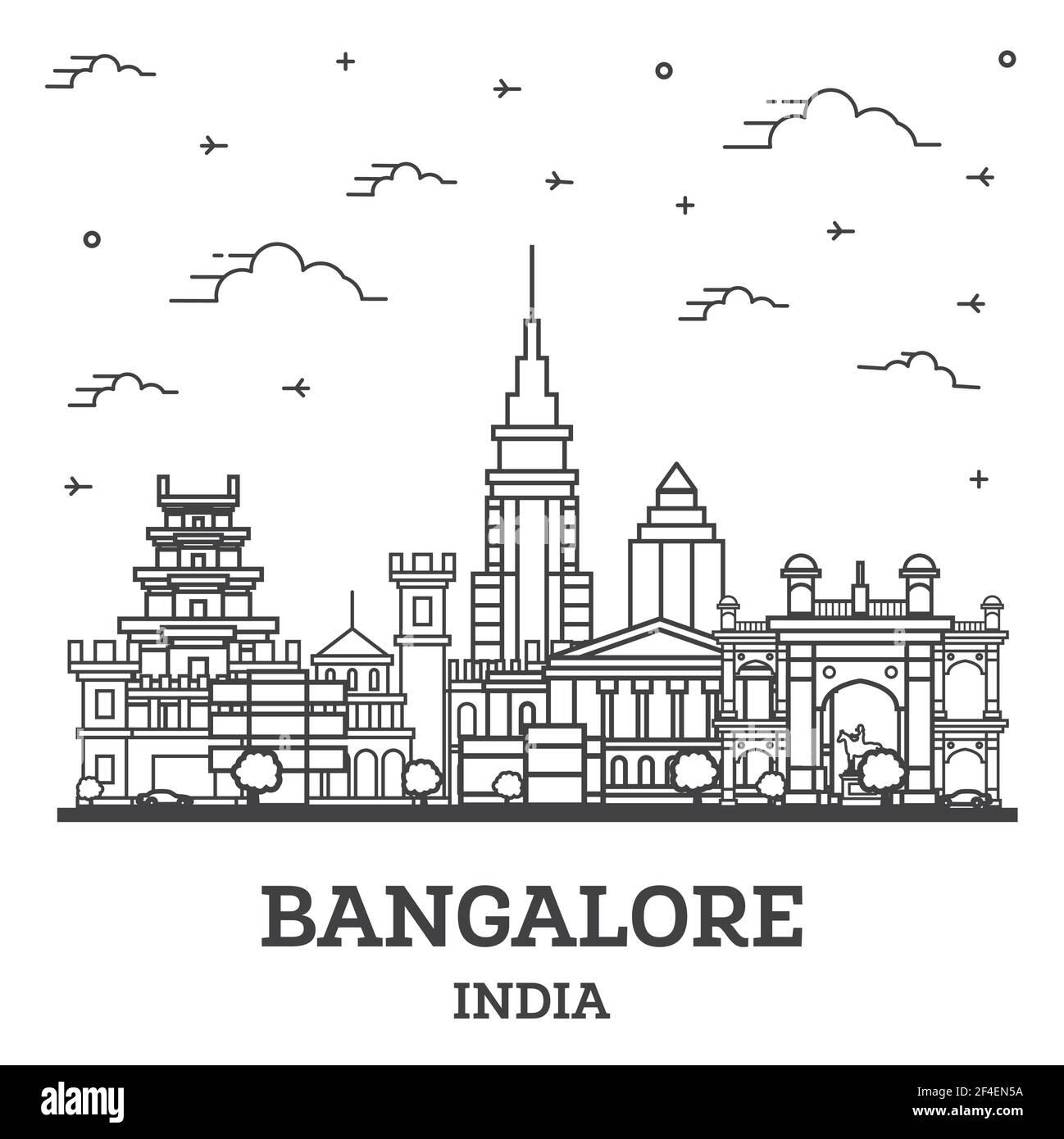 Outline Bangalore India City Skyline with Historic Buildings Isolated on White. Vector