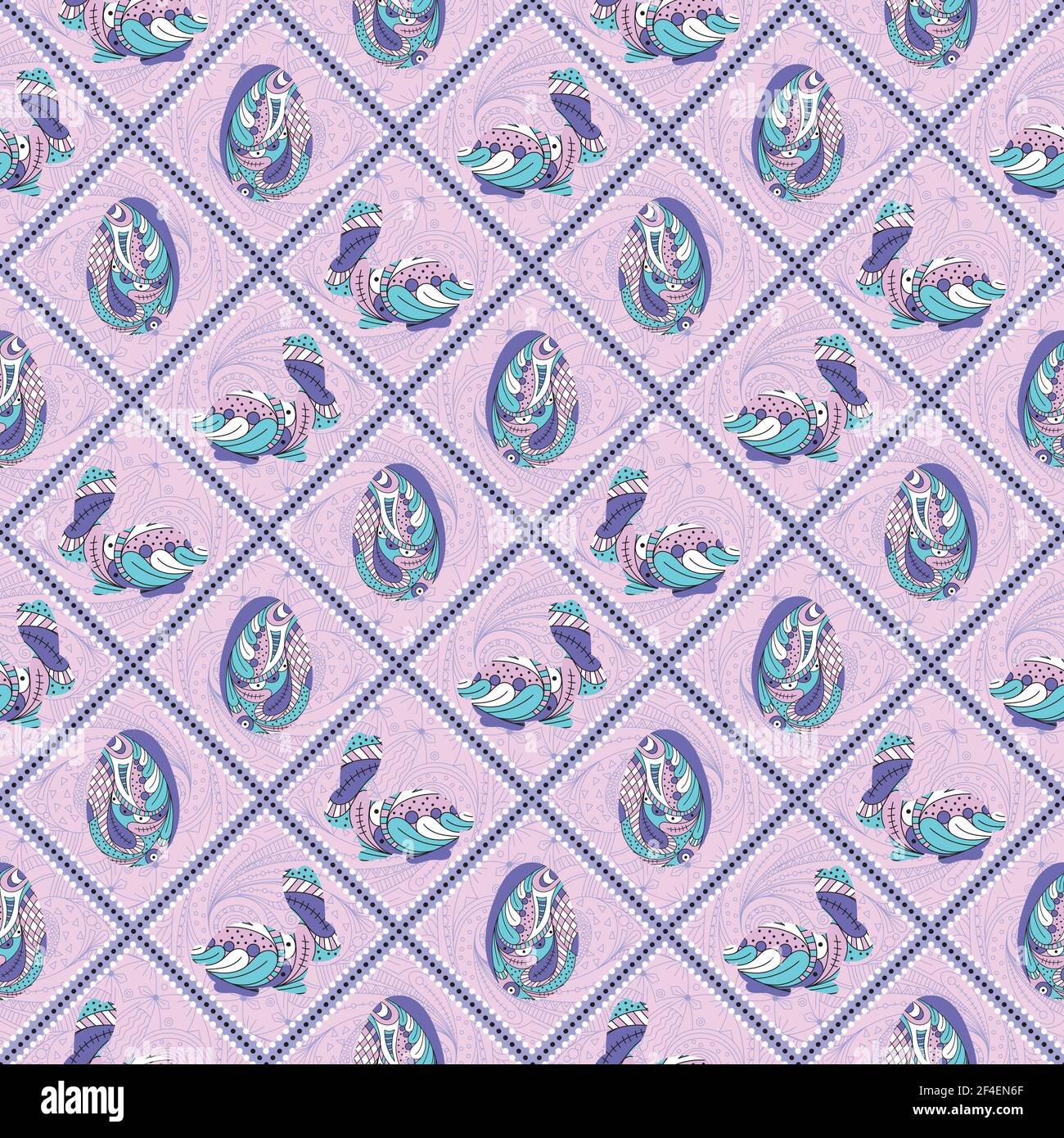 Easter seamless vector pattern with eggs with ornaments and rabbits. Stock Vector