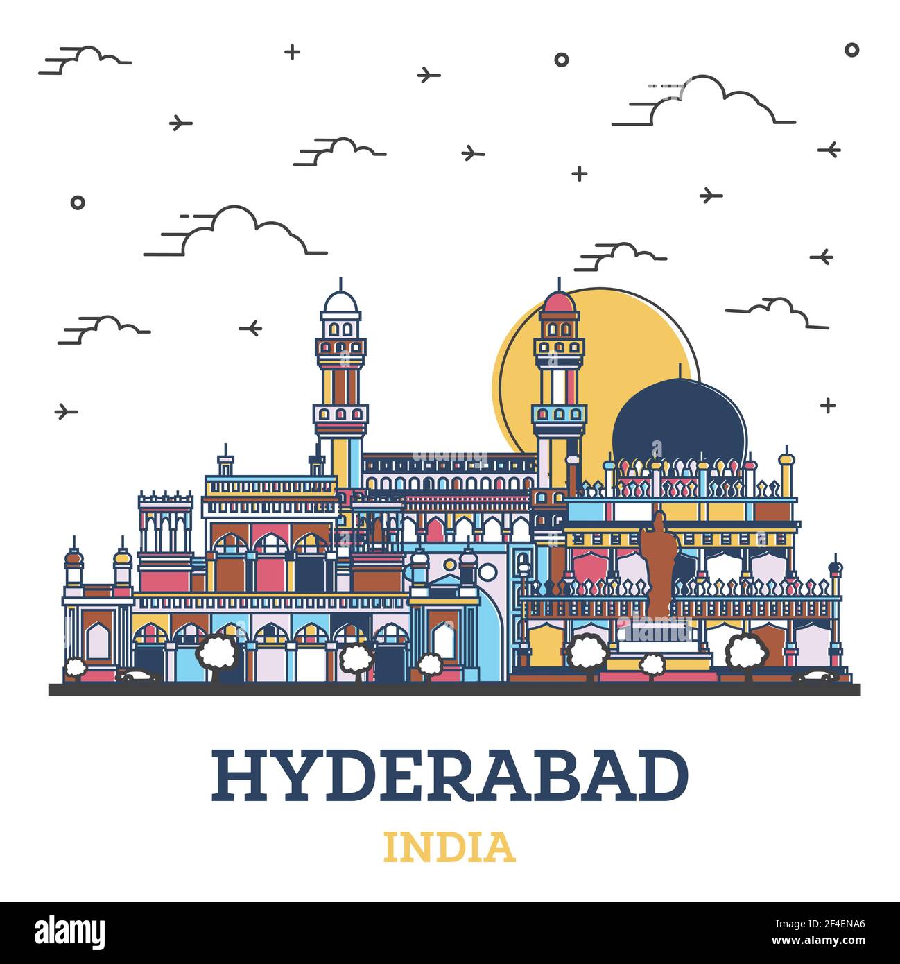 Outline Hyderabad India City Skyline with Colored Historic Buildings Isolated on White. Vector Illustration. Hyderabad Cityscape with Landmarks. Stock Vector