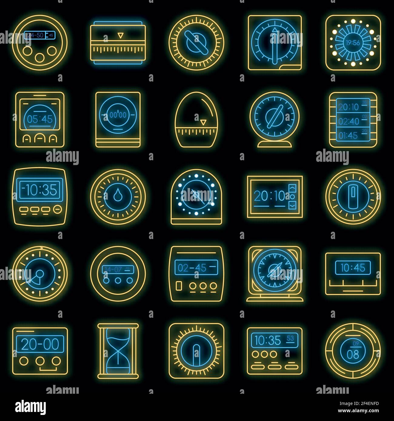 Time measure icon set. Outline set of time measure vector icons neon ...
