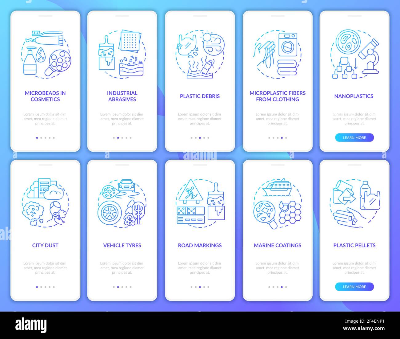 Microplastics sources onboarding mobile app page screen with concepts Stock Vector