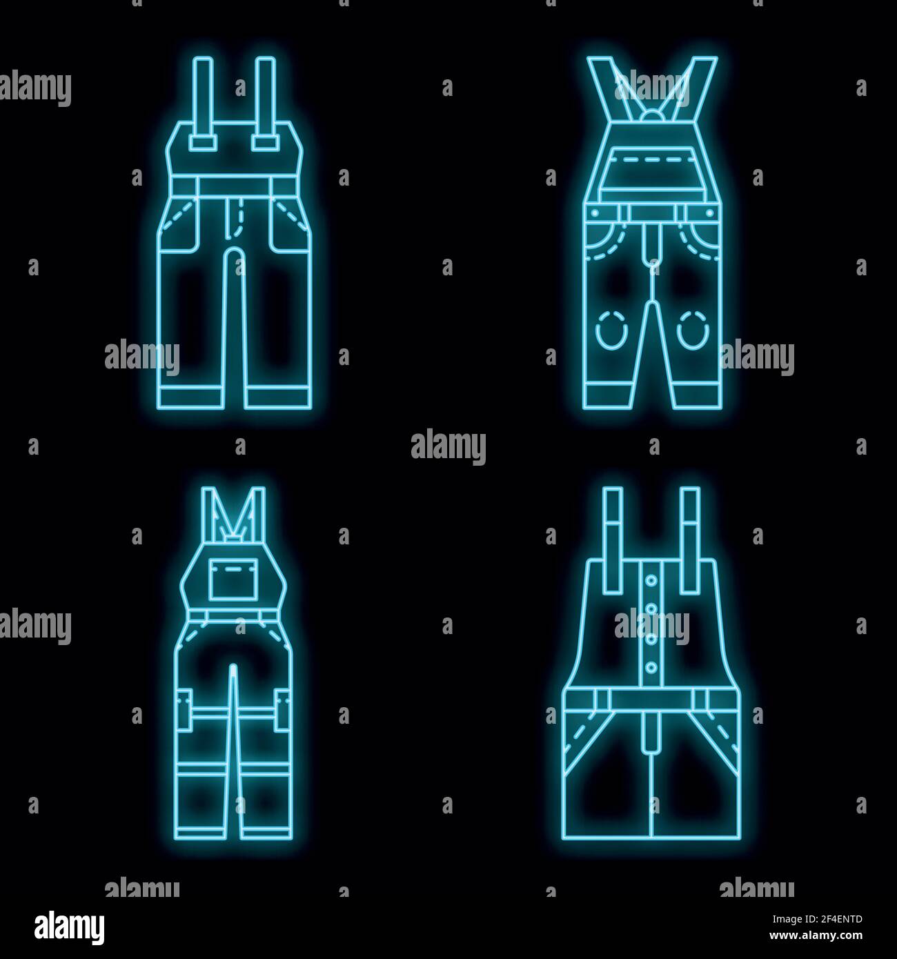Overalls icon set. Outline set of overalls vector icons neon color on black Stock Vector