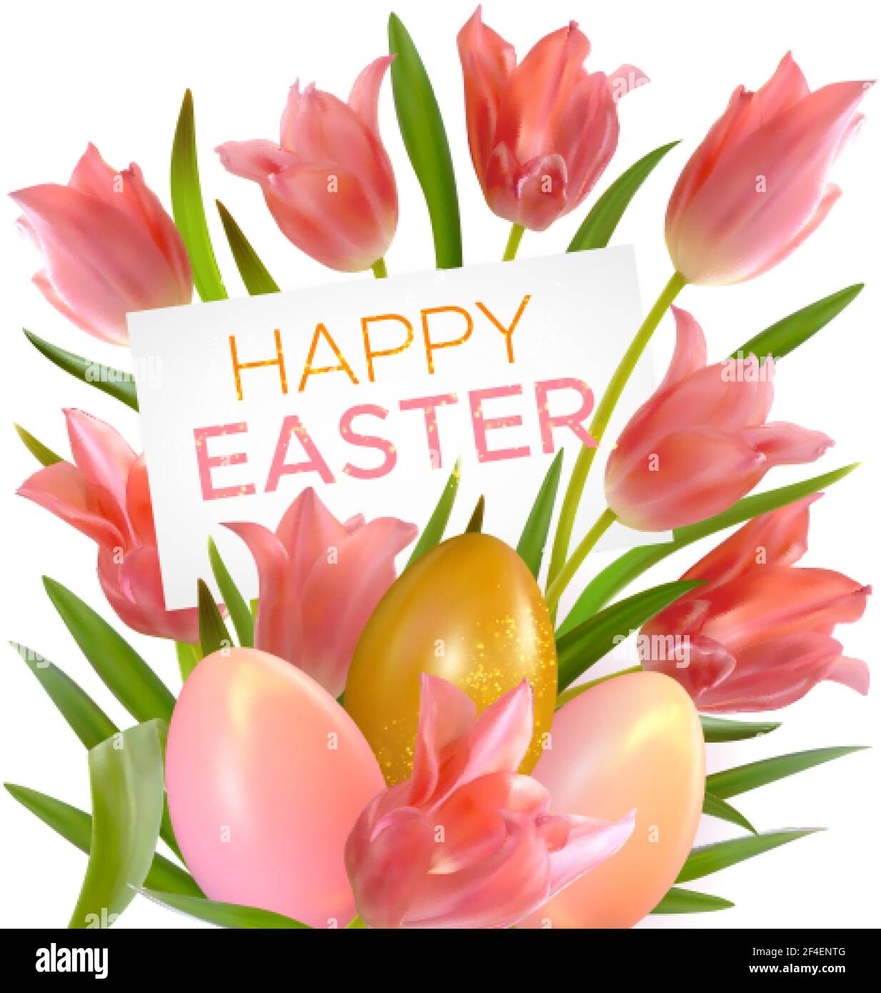 Easter background with realistic pink tulips and Easter eggs. Composition  of flowers and leaves tulips with paper card with inscription Happy Easter  Stock Vector Image & Art - Alamy