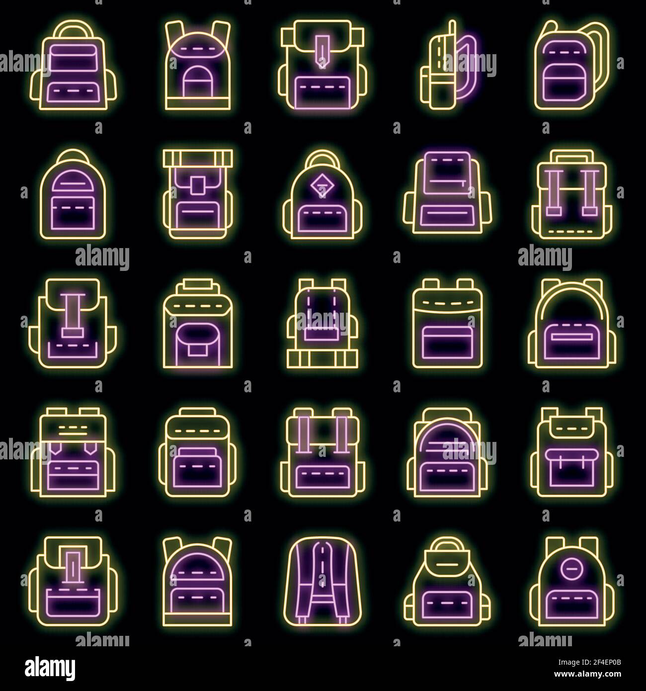 Backpack icon set. Outline set of backpack vector icons neon color on ...